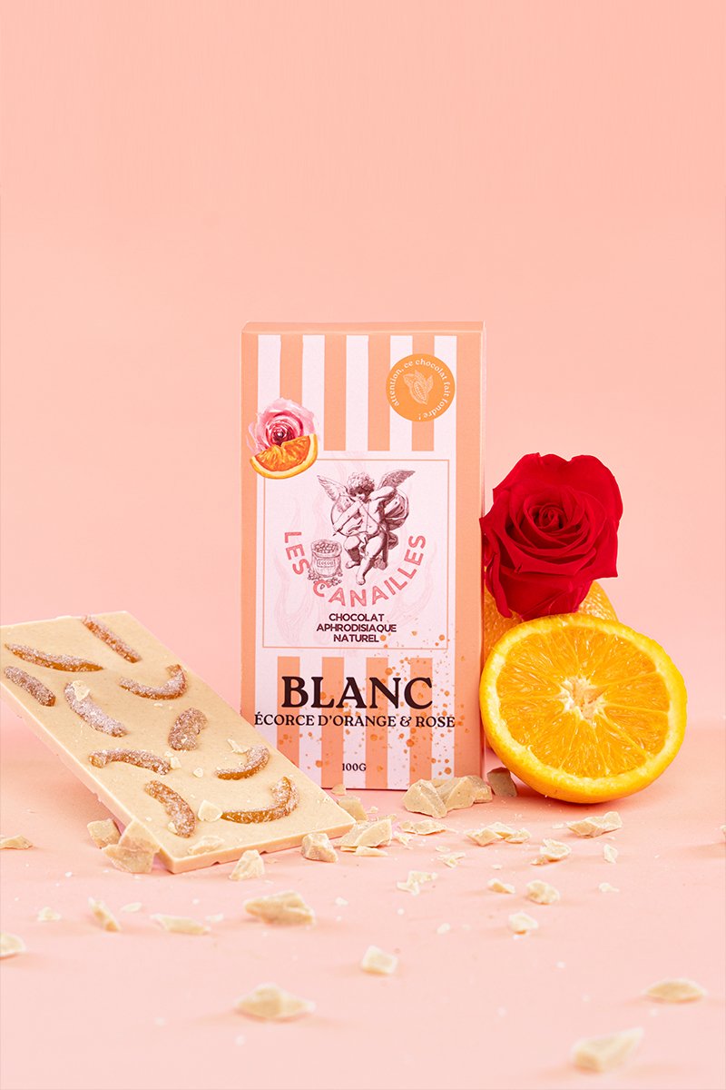Chocolat blanc écorce d&rsquo;orange et rose – Tablette 100g – Les canailles